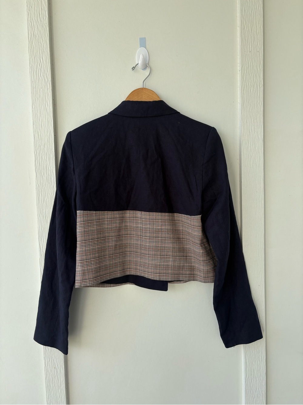 Jason Wu Mixed Media Cropped Navy Plaid‎ Blazer Jacket Medium - Picture 6 of 10
